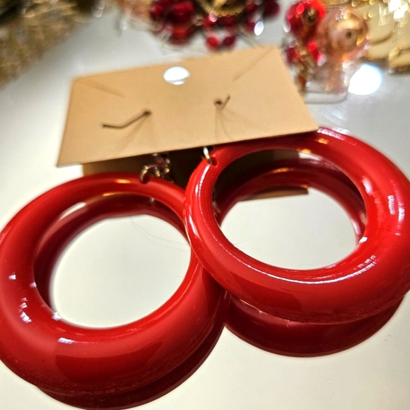 Bright Red Hoop Earrings with Rhinestone - Picture 3 of 4
